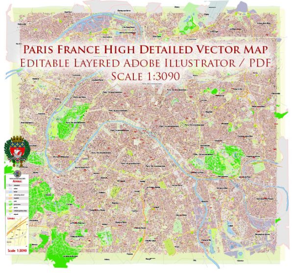 Paris France Vector Map 1971 high detailed layered Adobe Illustrator