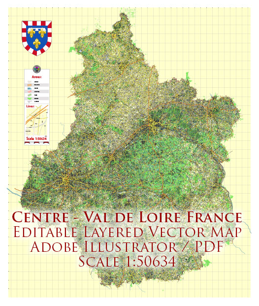 Centre Val de Loire France Vector Map exact extra detailed All Roads Cities Towns map editable Layered Adobe Illustrator