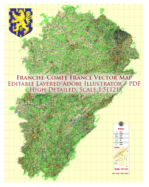 Franche Comte France Vector Map exact extra detailed All Roads Cities Towns map editable Layered Adobe Illustrator