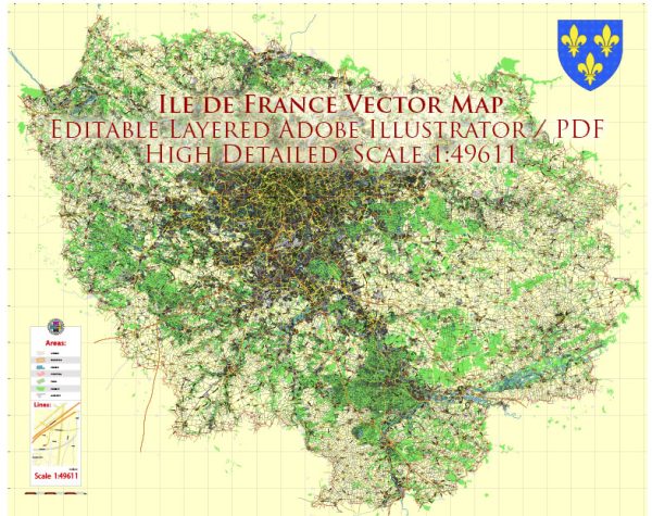 Ile de France - France Vector Map exact extra detailed All Roads Cities Towns map editable Layered Adobe Illustrator