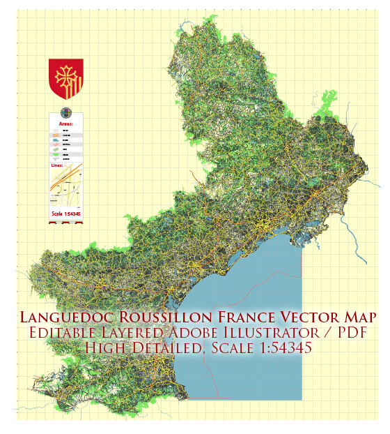 Languedoc Roussillon France Vector Map exact extra detailed All Roads Cities Towns map editable Layered Adobe Illustrator