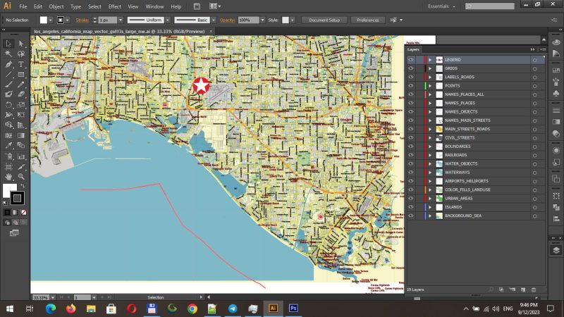 Los Angeles NW area California US Vector Map exact detailed All Roads Cities Towns map editable Layered Adobe Illustrator