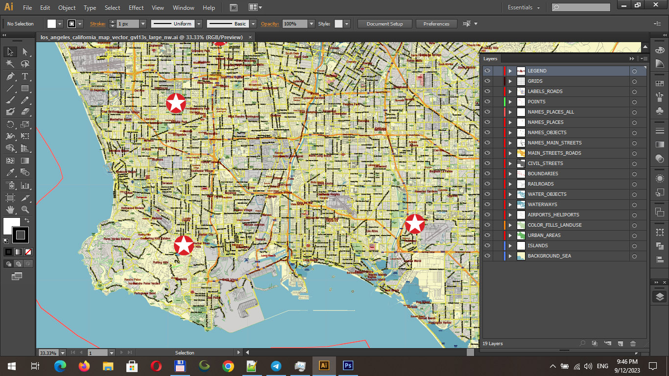 Los Angeles NW area California US PDF Vector Map exact detailed All Roads Cities Towns map editable Layered Adobe PDFr
