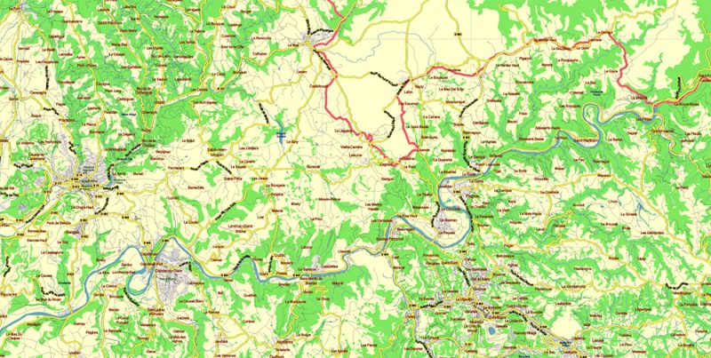 Midi Pyrenees France Vector Map exact extra detailed All Roads Cities Towns map editable Layered Adobe Illustrator
