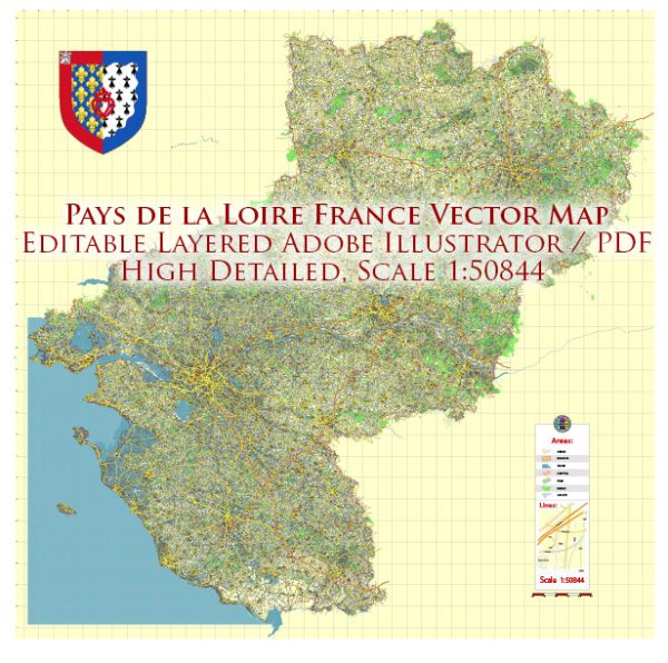 Pays de la Loire France Vector Map exact extra detailed All Roads Cities Towns map editable Layered Adobe Illustrator