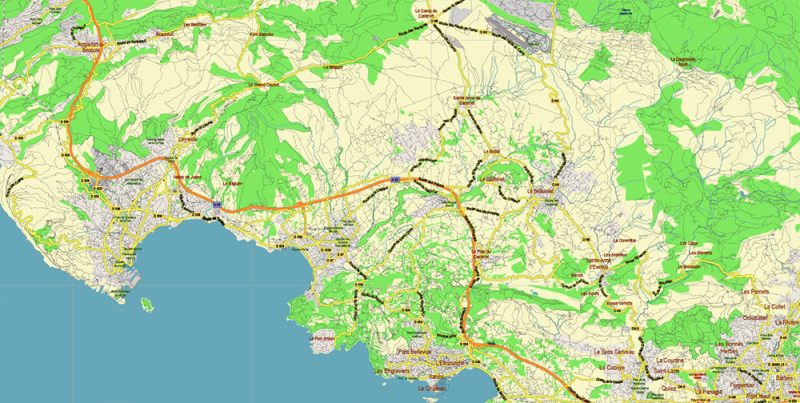Provence Alpes Cote-d-Azur France Vector Map exact extra detailed All Roads Cities Towns map editable Layered Adobe Illustrator