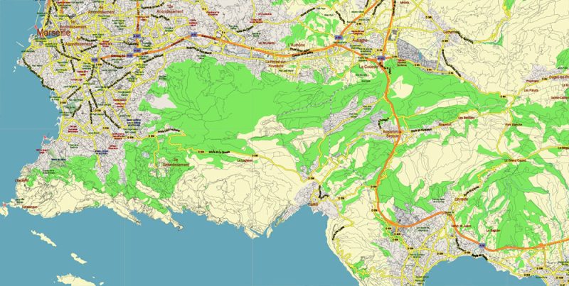 Provence Alpes Cote-d-Azur France Vector Map exact extra detailed All Roads Cities Towns map editable Layered Adobe Illustrator