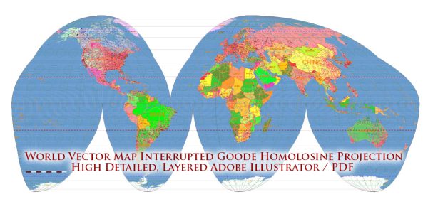 World Interrupted Goode's Homolosine Projection Political Vector Map High detailed fully editable, Adobe Illustrator
