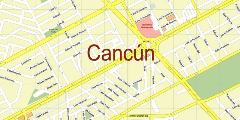 Cancun Mexico Vector Map high detailed All Roads Streets Cities Towns map editable Layered Adobe Illustrator