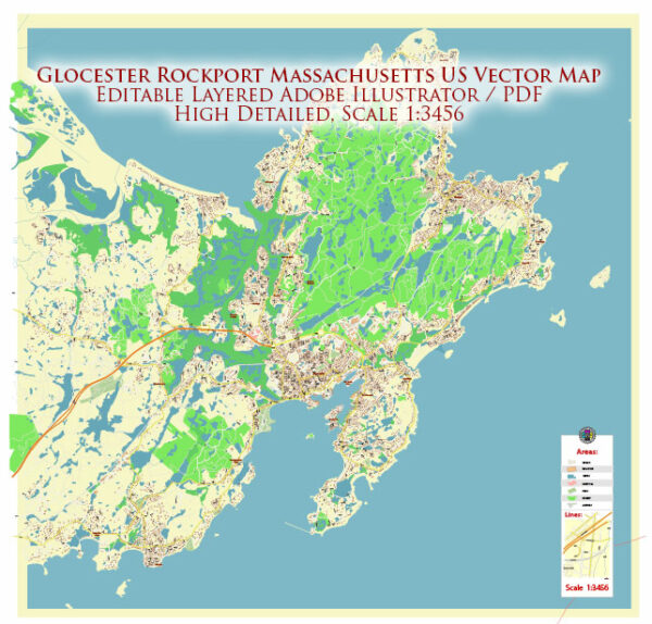 Glocester Rockport Massachusetts US Vector Map high detailed All Roads Streets Cities Towns map editable Layered Adobe Illustrator