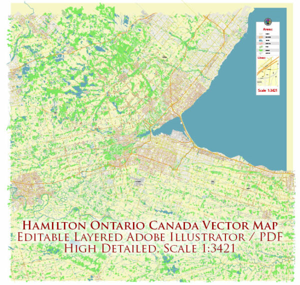 Hamilton Canada Vector Map high detailed All Roads Streets Cities Towns map editable Layered Adobe Illustrator