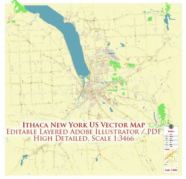 Ithaca New York US Vector Map high detailed All Roads Streets Cities Towns map editable Layered Adobe Illustrator