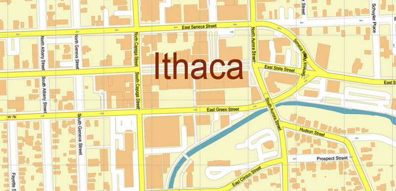 Ithaca New York US Vector Map high detailed All Roads Streets Cities Towns map editable Layered Adobe Illustrator