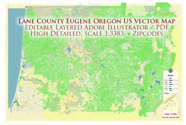 Lane County Eugene Oregon US Vector Map exact detailed All Roads Cities Towns map editable Layered Adobe Illustrator
