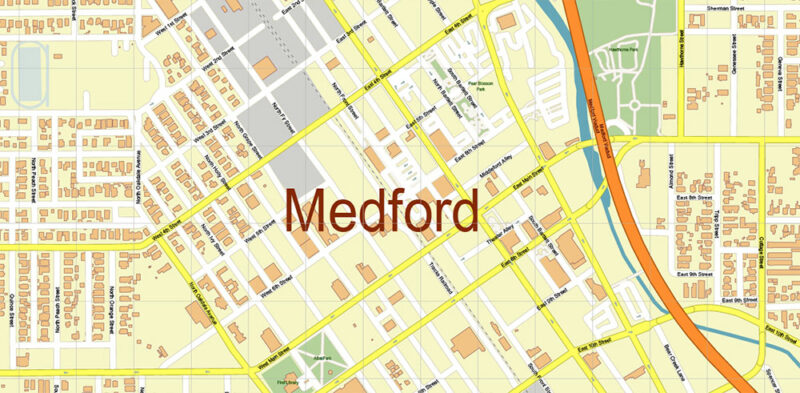 Medford Oregon US Vector Map high detailed All Roads Streets Cities Towns map editable Layered Adobe Illustrator