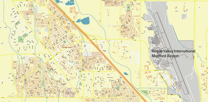 Medford Oregon US Vector Map high detailed All Roads Streets Cities Towns map editable Layered Adobe Illustrator