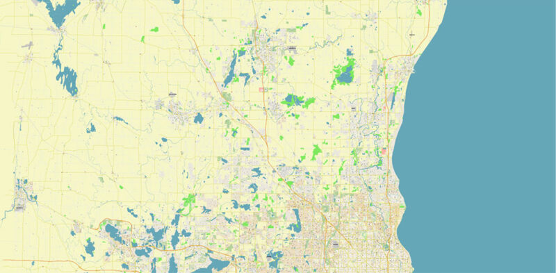 Milwaukee area Wisconsin US Vector Map exact high detailed editable layered Adobe Illustrator