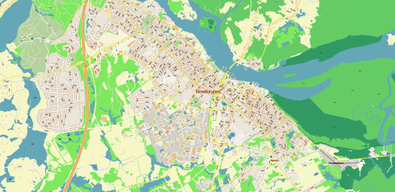 Newburyport Massachusetts US Vector Map high detailed All Roads Streets Cities Towns map editable Layered Adobe Illustrator