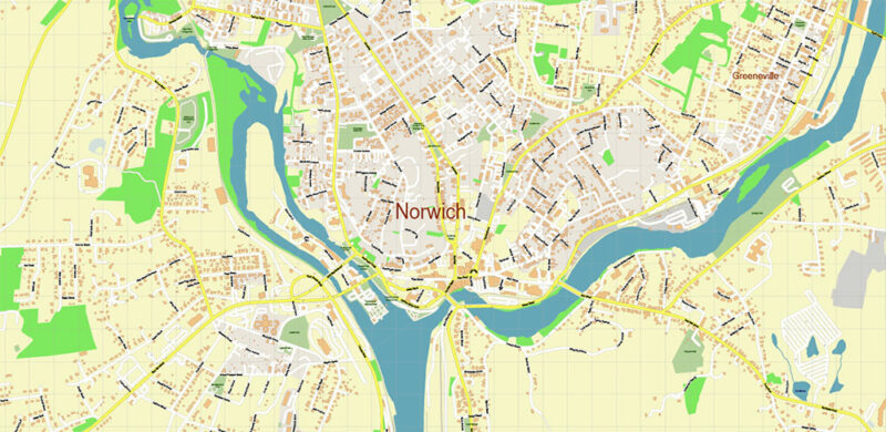 Norwich New London Connecticut US Vector Map high detailed All Roads Streets Cities Towns map editable Layered Adobe Illustrator