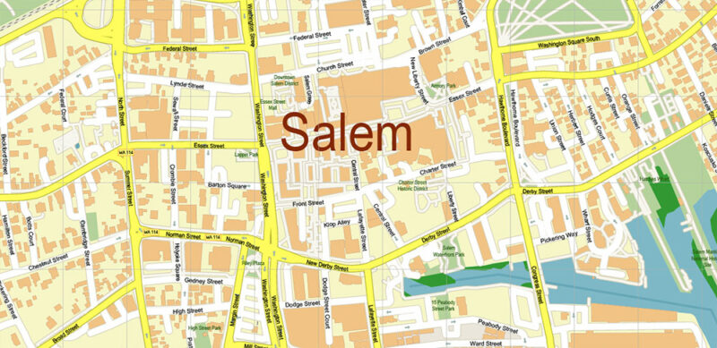 Peabody Salem Beverly Massachusetts US Vector Map high detailed All Roads Streets Cities Towns map editable Layered Adobe Illustrator