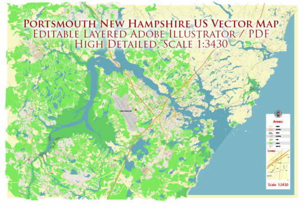 Portsmouth New Hampshire US Vector Map high detailed All Roads Streets Cities Towns map editable Layered Adobe Illustrator