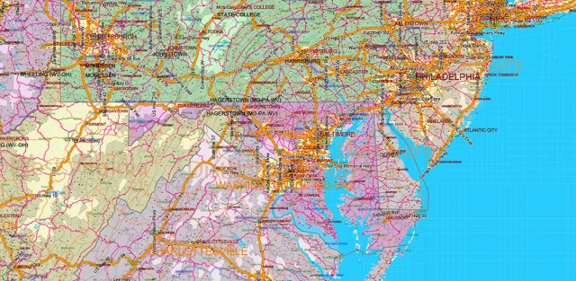 United States (+ zipcodes) and Canada PDF Vector Map Main Roads Cities ...