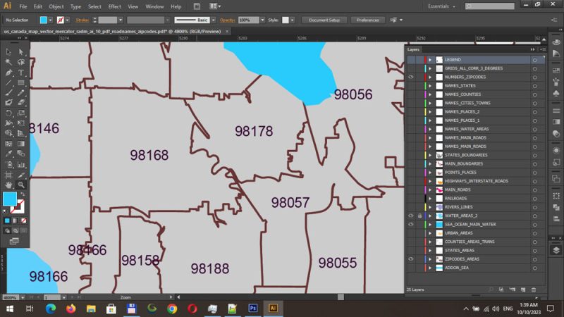 United States (+ zipcodes) and Canada Vector Map Main Roads Cities States Counties editable layered Adobe Illustrator