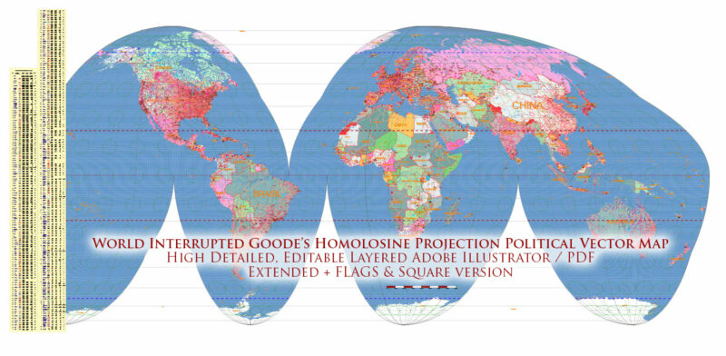 World Interrupted Goode's Homolosine Projection Political Vector Map (Extended + Flags + Square data) High detailed fully editable, Adobe Illustrator