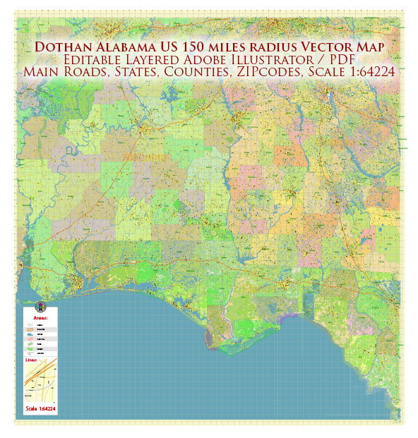 Dothan Alabama US 150 miles radius area Vector Map high detailed All Roads Streets Cities Towns map editable Layered Adobe Illustrator