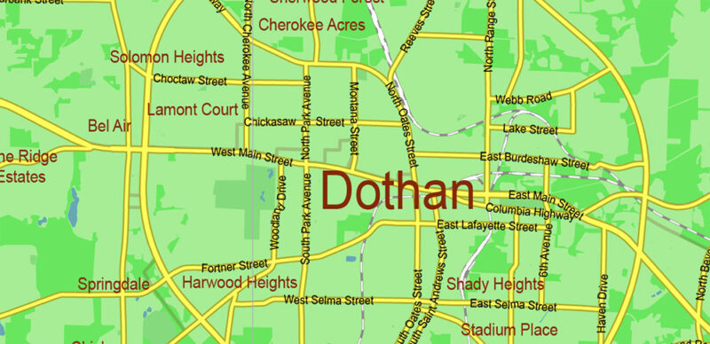 Dothan Alabama US 150 miles radius area Vector Map high detailed All Roads Streets Cities Towns map editable Layered Adobe Illustrator