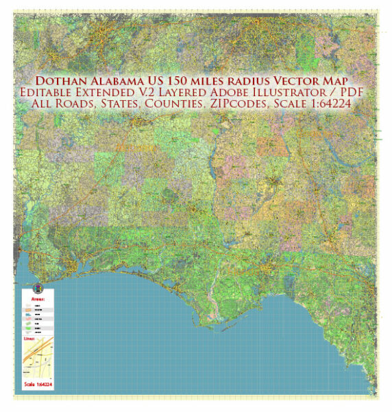 Dothan Alabama US 150 miles radius area Extended Vector Map high detailed All Roads Streets