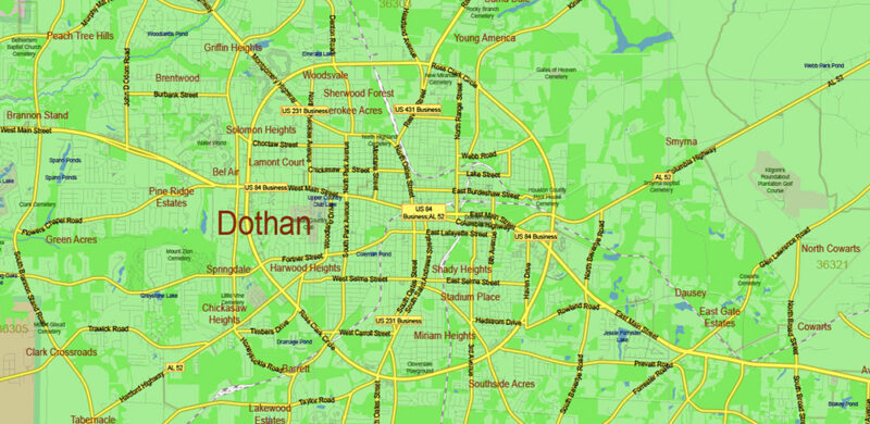 Dothan Alabama US 150 miles radius area Extended Vector Map high detailed All Roads Streets Cities Towns ZIPcodes map editable Layered Adobe Illustrator