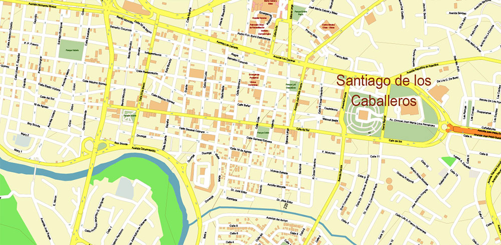 Santiago de los Caballeros + Moca Rep. Dominicana PDF Vector Map + relief topo isolines 10 m, exact high detailed editable layered Adobe PDF