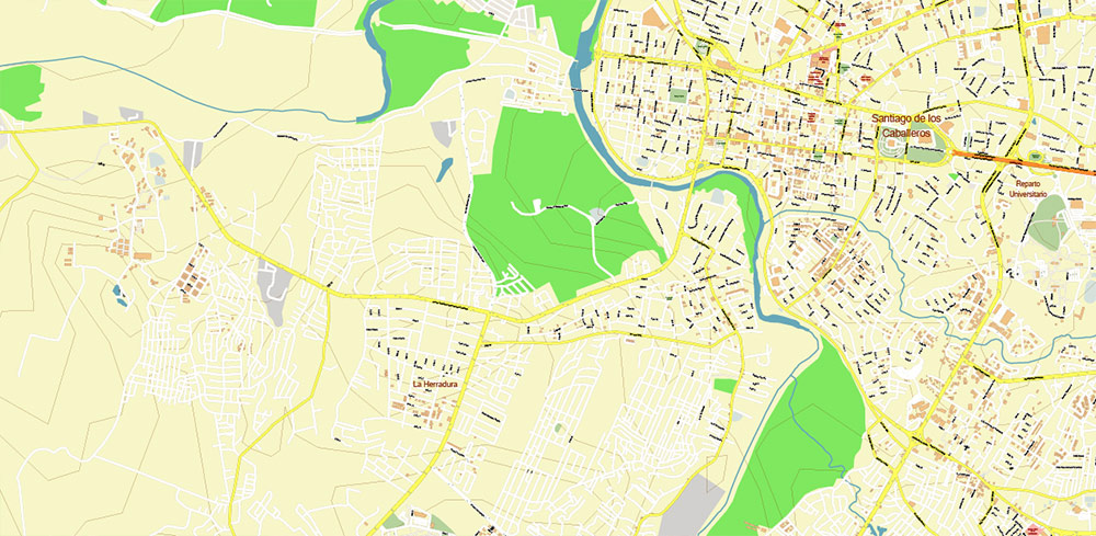 Santiago de los Caballeros + Moca Rep. Dominicana PDF Vector Map + relief topo isolines 10 m, exact high detailed editable layered Adobe PDF