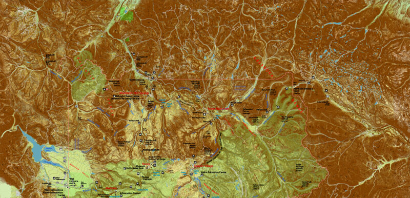 Yellowstone Park Wyoming US Vector Map + relief raster + topo isolines 5 m, exact high detailed editable layered Adobe Illustrator