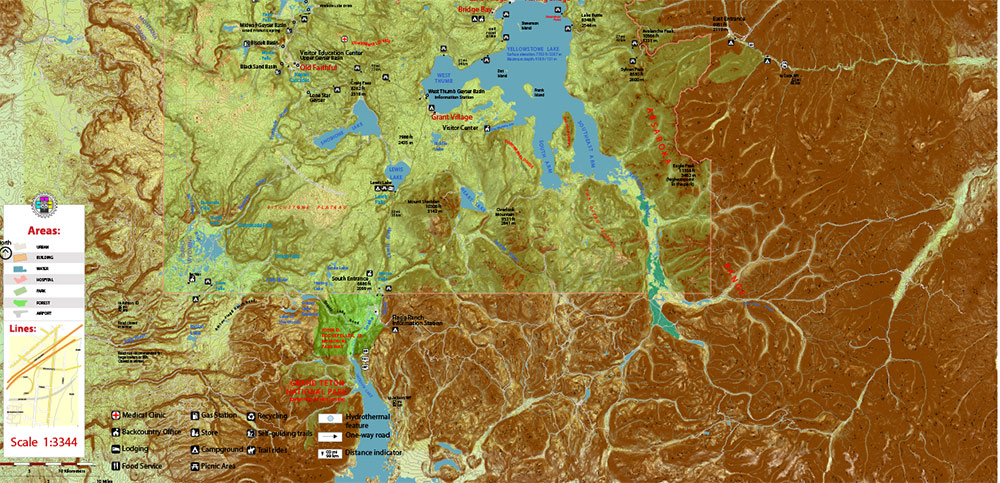 Yellowstone Park Wyoming US PDF Vector Map + relief raster + topo isolines 5 m, exact high detailed editable layered Adobe PDF