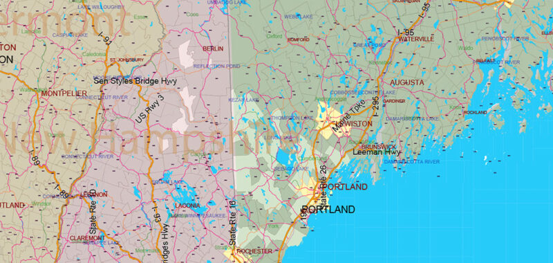 New England US Vector Map high detailed Main Roads + Zipcodes editable Layered Adobe Illustrator