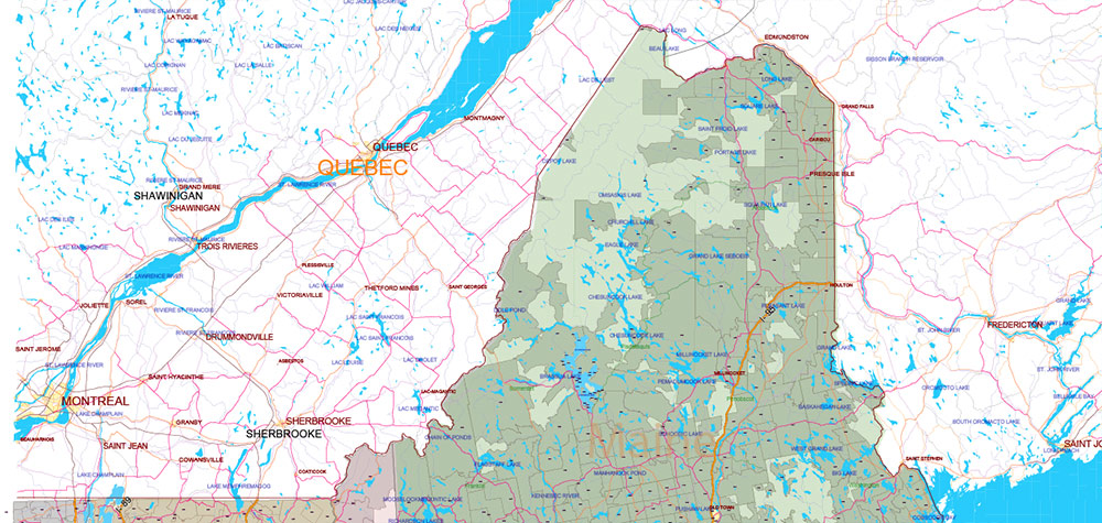 New England US PDF Vector Map high detailed Main Roads + Zipcodes editable Layered Adobe PDF