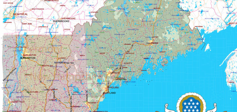 New England US Vector Map high detailed Main Roads + Zipcodes editable Layered Adobe Illustrator