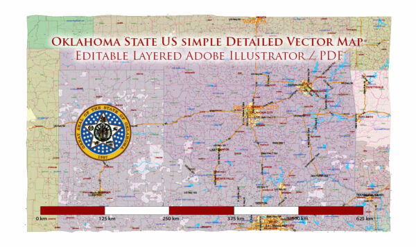 Oklahoma State US Vector Map simple detailed Main Roads + Zipcodes editable Layered Adobe Illustrator