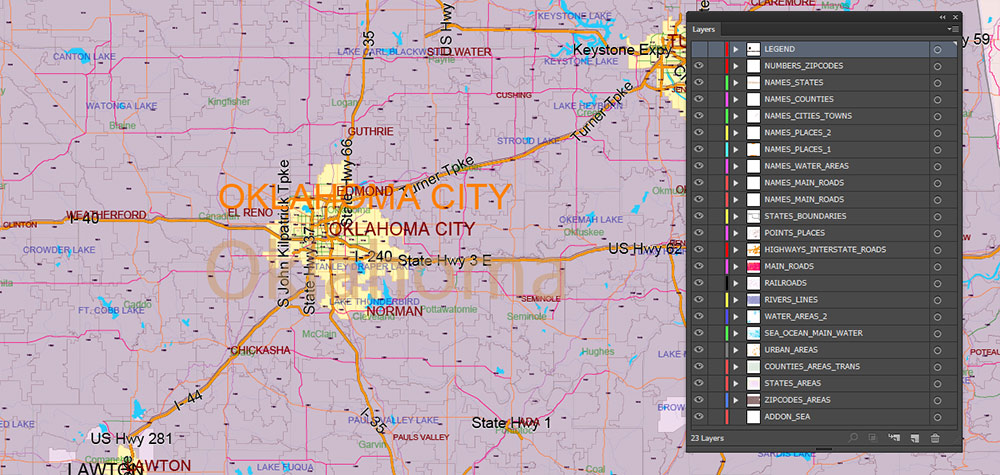 Oklahoma State US PDF Vector Map simple detailed Main Roads + Zipcodes editable Layered Adobe PDF