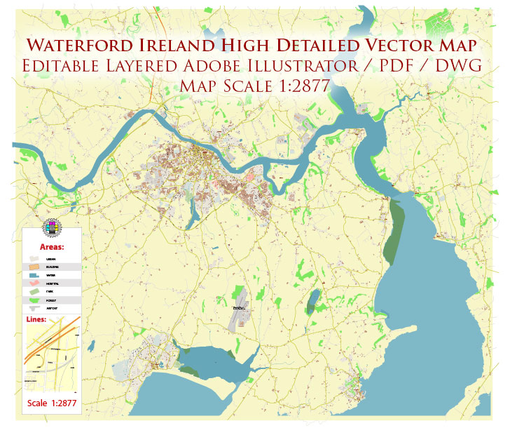 Waterford Ireland PDF Vector Map high detailed editable Layered Adobe PDF