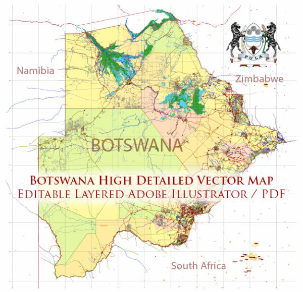 Botswana Vector Map high detailed road map + admin areas + cities and water objects editable Layered Adobe Illustrator