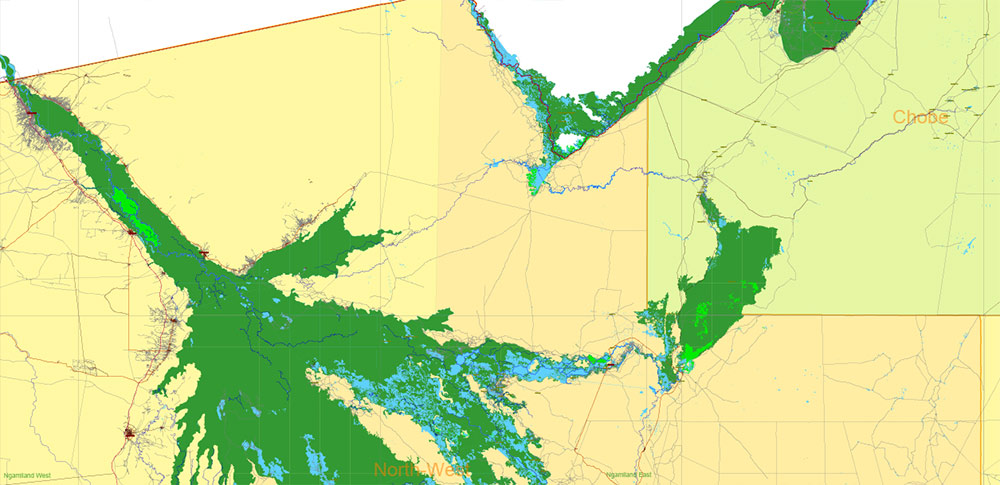 Botswana Vector Map high detailed road map + admin areas + cities and water objects editable Layered Adobe Illustrator