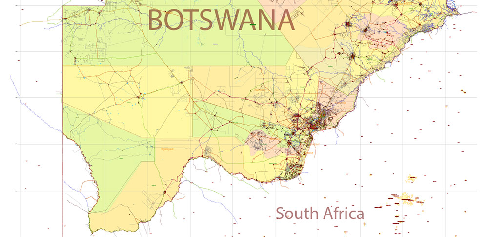 Botswana PDF Vector Map high detailed road map + admin areas + cities and water objects editable Layered Adobe PDF
