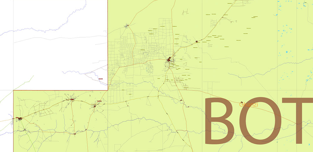 Botswana PDF Vector Map high detailed road map + admin areas + cities and water objects editable Layered Adobe PDF
