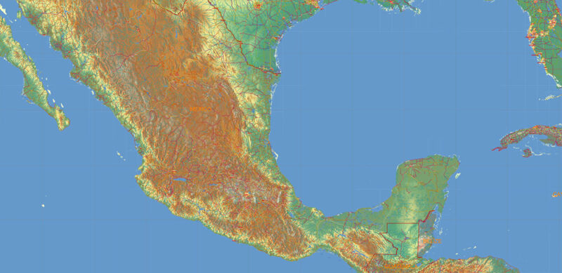 Central America + Mexico Vector Map high detailed roads + relief editable layered in Adobe Illustrator
