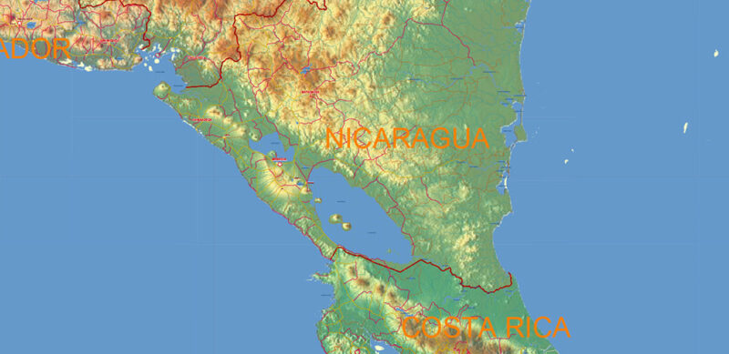 Central America + Mexico Vector Map high detailed roads + relief editable layered in Adobe Illustrator