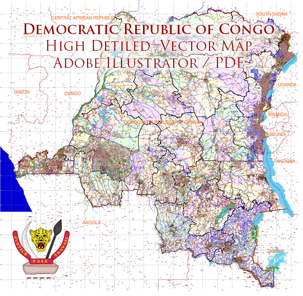 Congo Democratic Republic Vector Map high detailed road map + admin areas + cities and water objects editable Layered Adobe Illustrator
