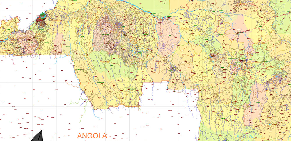 Congo Democratic Republic PDF Vector Map high detailed road map + admin areas + cities and water objects editable Layered Adobe PDF